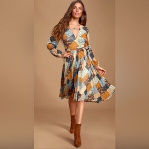 Moon River Patchwork Midi Dress - Blue, Brown, Orange